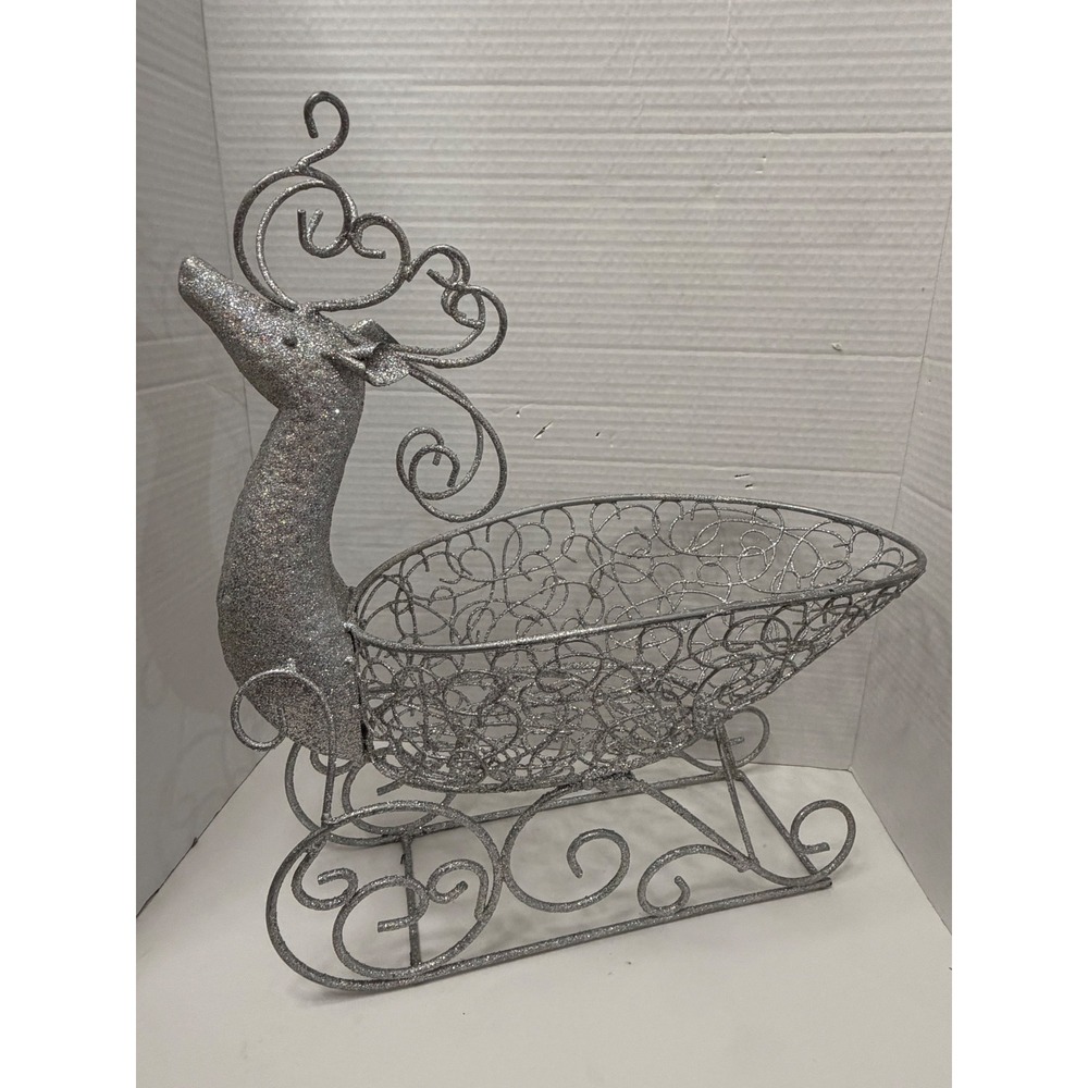 Pier One Imports Silver Glitter Reindeer‎ Sleigh Christmas Basket Wire Holiday